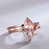 1.6ct Pear Cut Morganite Engagement Ring Crown Bridal Set 14k Rose Gold Finish