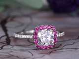 2ct Cushion Cut Diamond Engagement Ring Pink Sapphire Halo 14k White Gold Finish