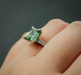 1.5ct Green Emerald Cut Diamond Trilogy Engagement Ring 14k White Gold Finish