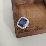 2.2ct Engagement Ring Emerald Cut Blue Sapphire Halo 14k White Gold Finish