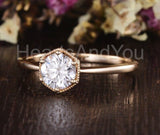 0.5ct Round Cut Moissanite Geometric Solitaire Beaded Ring 14k YellowGold Plated