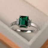 2ct Green Emerald Cut Baguette Accent Trilogy Engagement Ring 14k WhiteGold Over