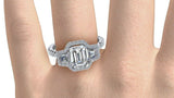 3ct Emerald Cut Diamond 3 Stone Halo Fancy Engagement Ring 14k White Gold Finish