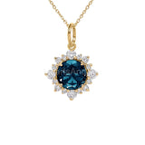 1ct Round Simulated London Blue Topaz Halo Pendant Chain 14k Yellow Gold Plated