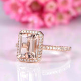 2.2ct Emerald Cut Peach Morganite Halo Ring 14k Rose Gold Over with Round Accent