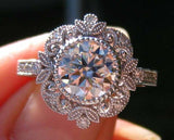 Floral Milgrain Engagement Ring 2.7ct Round Cut Diamond 14k White Gold Finish