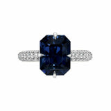2ct Emerald Cut Blue Sapphire Engagement Ring Round Accent 14k White Gold Finish