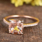 1.5ct Cushion Cut Peach Morganite Solitaire with Accent Ring 14k RoseGold Finish