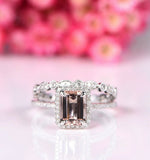 2.5ct Emerald Cut Morganite Engagement Ring Halo Bridal Set 14k White Gold Over