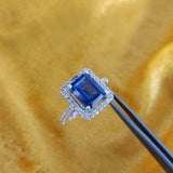 2.2ct Engagement Ring Emerald Cut London Blue Topaz Halo 14k White Gold Finish