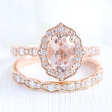 2.5ct Oval Simulated Morganite Halo Half Eternity Bridal Set 14k RoseGold Plated