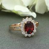 2.4ct Oval Cut Red Garnet Floral Solitaire Engagement Ring 14k Rose Gold Finish