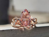 4ct Pear Simulated Peach Morganite Twig Leaf Bridal Set 14k Yellow Gold Plated