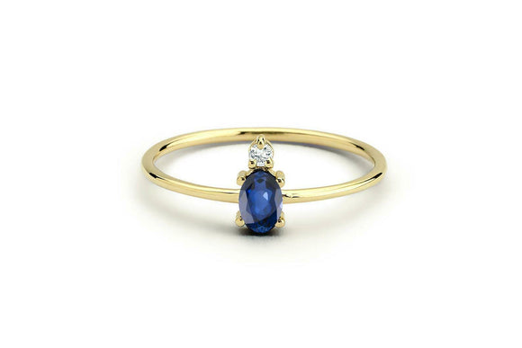 0.4ct Oval Blue Sapphire 2 Stone Minimalist Engagement Ring 14k Yellow Gold Over
