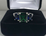 2.3ct Engagement Ring Radiant Cut Emerald Sapphire Trilogy 14k White Gold Finish