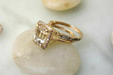 4ct Emerald Peach Morganite Engagement Ring 14k Yellow Gold Over Halo Bridal Set