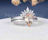 2ct Pear Cut Simulated Peach Morganite Crown Bridal Set 14k White Gold Plated