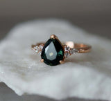 2ct Engagement Ring Pear Cut Green Emerald Diamond Petite 14k Rose Gold Finish
