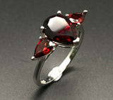 2.3ct Engagement Ring Pear Cut Red Garnet Trilogy Women 14k White Gold Finish