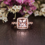 1.2ct Princess Cut Simulated Morganite Halo Engagement Ring 14k Rose Gold Plated