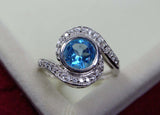 2.25ct Engagement Ring Round Cut Blue Topaz Swirl Twist 14k White Gold Finish