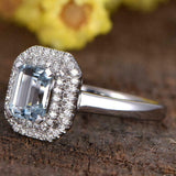 2ct Emerald Cut Blue Aquamarine Engagement Ring Dual Halo 14k White Gold Finish