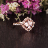 2ct Cushion Cut Simulated Peach Morganite Floral Halo Ring 14k Rose Gold Plated