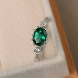 2ct Oval Cut Green Emerald Engagement Ring Milgrain Trilogy 14k WhiteGold Finish