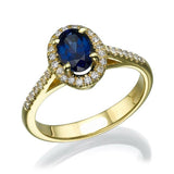 2ct Oval Cut Blue Sapphire Halo Solitaire with Accent Ring 14k YellowGold Finish