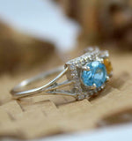 2.5ct Engagement Ring Oval Cut Blue Topaz Rectangular Halo 14k White Gold Over