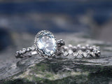 2Ct Oval Cut Blue Aquamarine Bridal Set Ring Bubbly Band 14K White Gold Finish