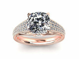 3ct Cushion Diamond Solitaire Cluster Accent Milgrain Ring 14k Rose Gold Finish