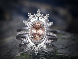 2.5ct Oval Cut Peach Morganite Halo Solitaire Ring and Guard 14K White Gold Over