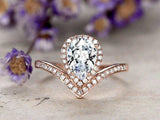1ct Pear Cut Diamond Engagement Ring Halo Curved V Shaped 14k Rose Gold Finish