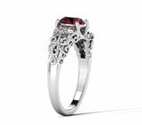 1.6ct Round Cut Red Garnet Floral Filigree Solitaire Ring 14k White Gold Finish