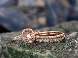 3Ct Oval Cut Peach Morganite Trio Bridal Set Engagement Ring 14K Rose Gold Over