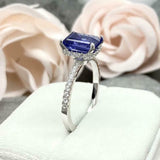 2.2ct Engagement Ring Emerald Cut Blue Sapphire Hidden Halo 14k WhiteGold Finish