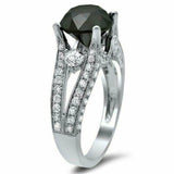 3.5ct Round Cut Black Diamond Split Shank Engagement Ring 14K White Gold Finish
