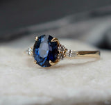 2ct Engagement Ring Oval Cut Blue Sapphire Diamond Petite 14k Yellow Gold Finish