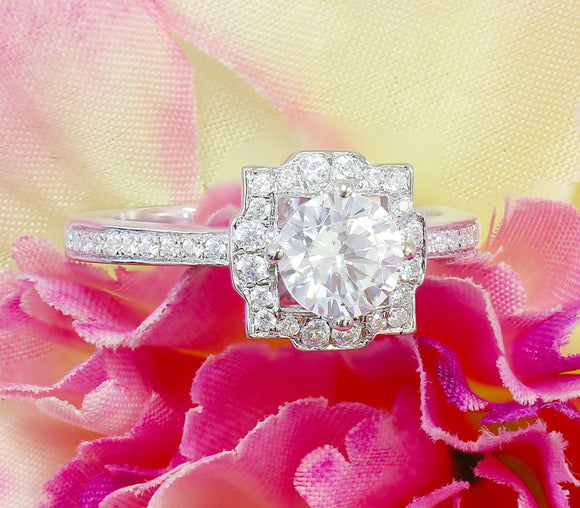 Halo Floral Solitaire Engagement Ring 2ct Round Cut Diamond 14k WhiteGold Finish