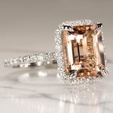 2Ct Emerald Cut Morganite Halo Solitaire Engagement Ring 18K White Gold Finish