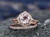 3.5ct Cushion Cut Peach Morganite Bridal Set Engagement Ring 14K Rose Gold Over