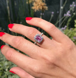 2.55ct Engagement Ring Emerald Cut Pink Sapphire Halo 14k White Gold Finish