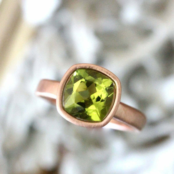 1ct Cushion Green Peridot Engagement Ring Bezel Set Solitaire 14k Rose Gold Over
