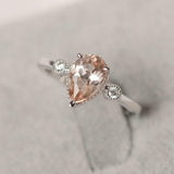 1.6ct Pear Cut Morganite Engagement Ring Milgrain Trilogy 14k White Gold Finish