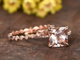 1.5ct Princess Cut Champagne Morganite Bridal Set Ring Band 14k Rose Gold Finish