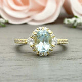 2.3ct Oval Cut Blue Aquamarine Diamond Accent Halo Ring 14k Yellow Gold Finish