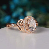 2ct Oval Cut Peach Morganite Engagement Ring Halo Leaf Accent 14k Rose Gold Over