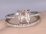 2.5ct Emerald Cut Peach Morganite Bridal Set Engagement Ring 14k White Gold Over