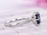 2ct Round Cut Blue Sapphire Engagement Ring Floral Design 14k White Gold Finish